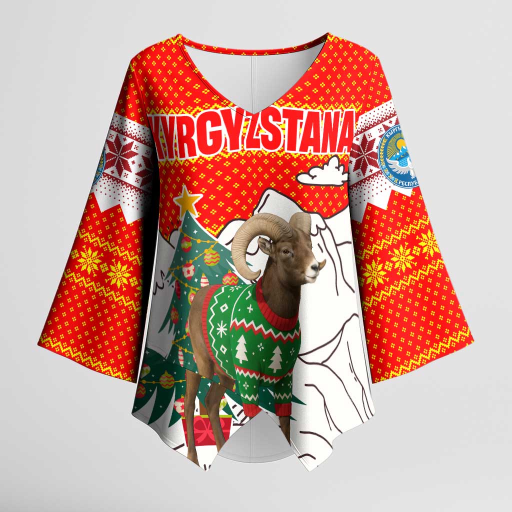 Kyrgyzstan Christmas Kimono Sleeve Blouse with Mountain Goat in Festive Red Snowflake Pattern and Holiday Tree - Wonder Print Shop