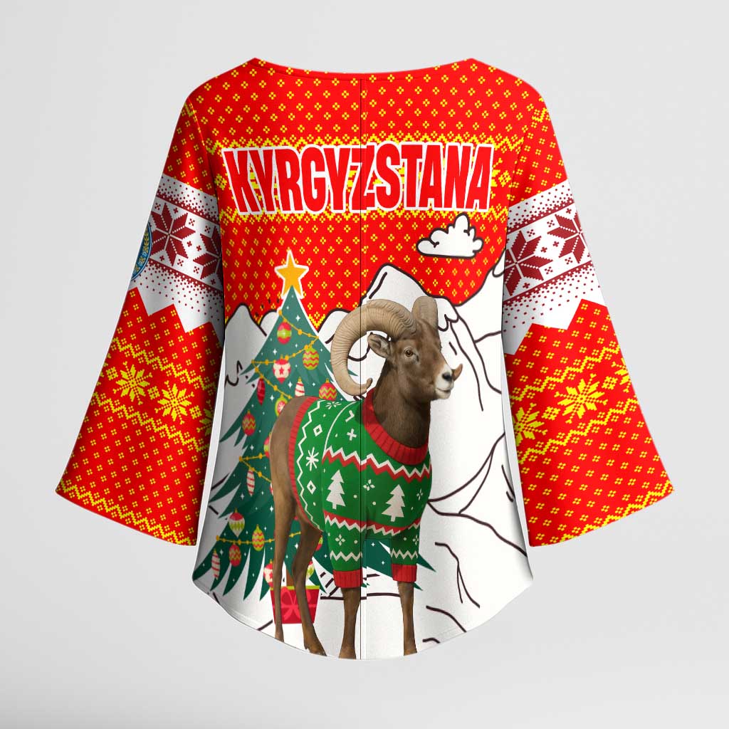 Kyrgyzstan Christmas Kimono Sleeve Blouse with Mountain Goat in Festive Red Snowflake Pattern and Holiday Tree - Wonder Print Shop
