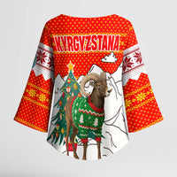 Kyrgyzstan Christmas Kimono Sleeve Blouse with Mountain Goat in Festive Red Snowflake Pattern and Holiday Tree - Wonder Print Shop