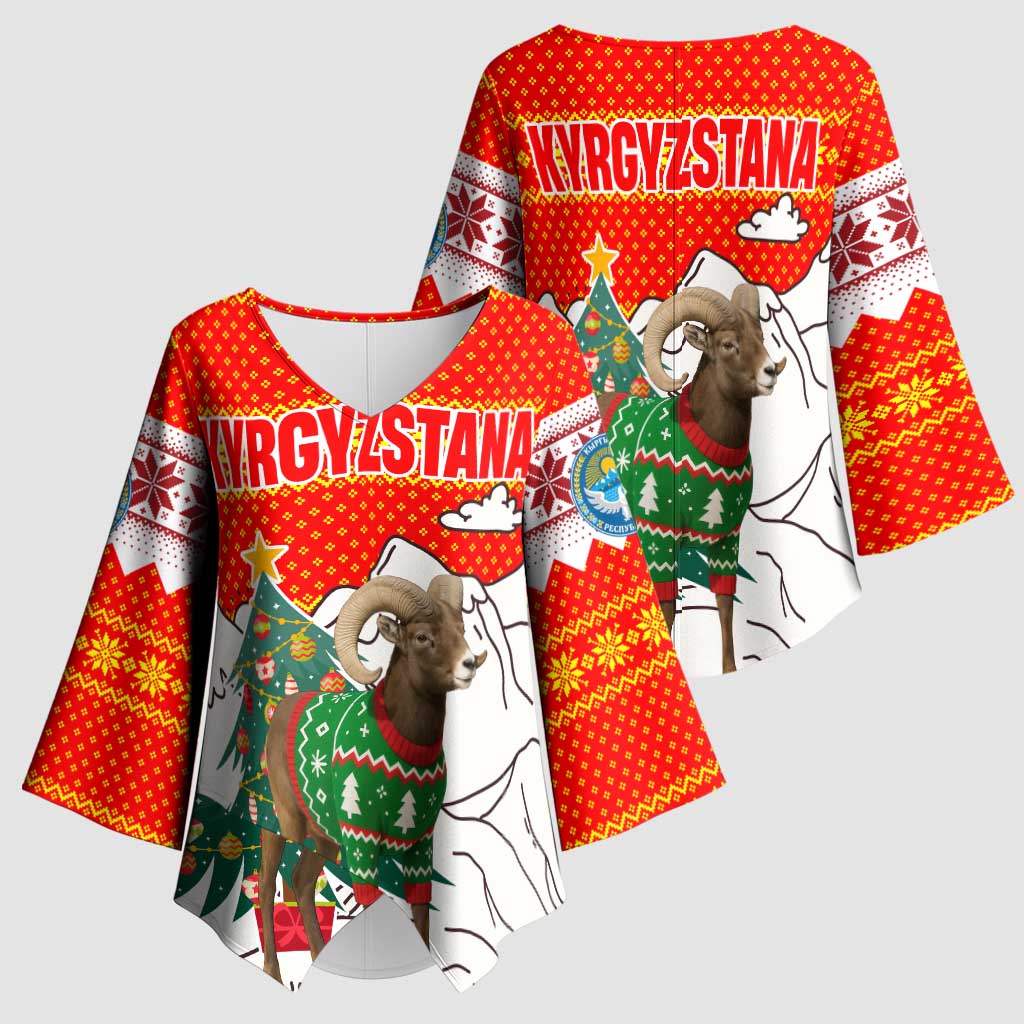 Kyrgyzstan Christmas Kimono Sleeve Blouse with Mountain Goat in Festive Red Snowflake Pattern and Holiday Tree - Wonder Print Shop
