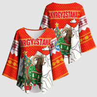 Kyrgyzstan Christmas Kimono Sleeve Blouse with Mountain Goat in Festive Red Snowflake Pattern and Holiday Tree - Wonder Print Shop