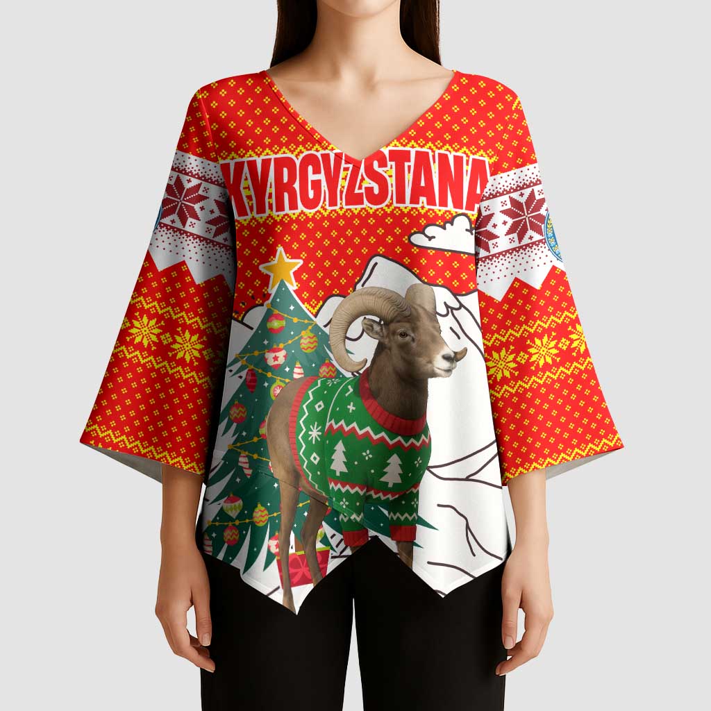 Kyrgyzstan Christmas Kimono Sleeve Blouse with Mountain Goat in Festive Red Snowflake Pattern and Holiday Tree - Wonder Print Shop