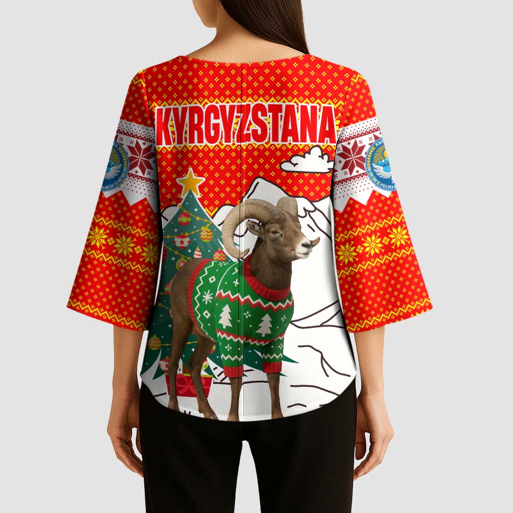 Kyrgyzstan Christmas Kimono Sleeve Blouse with Mountain Goat in Festive Red Snowflake Pattern and Holiday Tree - Wonder Print Shop
