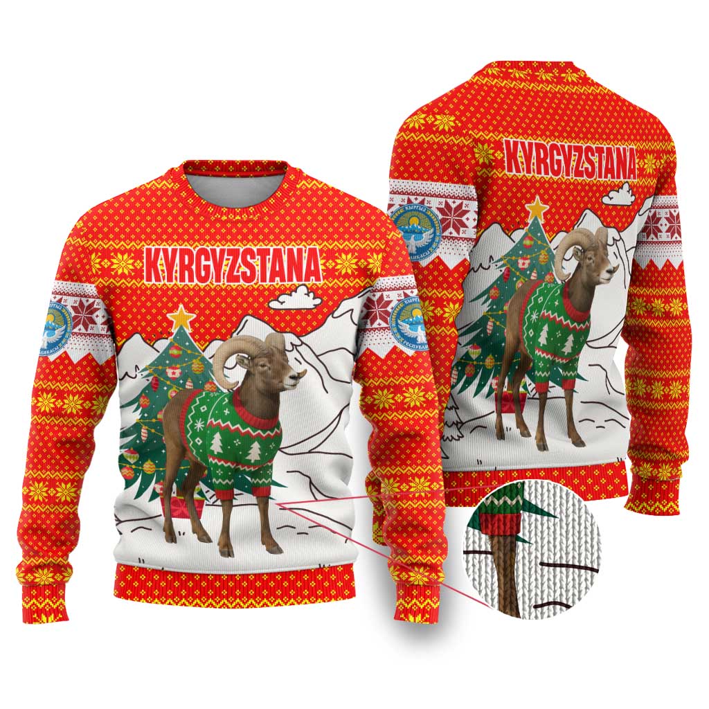 Kyrgyzstan Christmas Ugly Christmas Sweater with Mountain Goat in Festive Red Snowflake Pattern and Holiday Tree - Wonder Print Shop