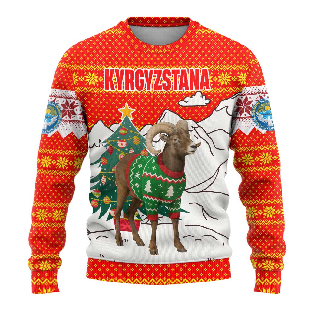 Kyrgyzstan Christmas Ugly Christmas Sweater with Mountain Goat in Festive Red Snowflake Pattern and Holiday Tree - Wonder Print Shop