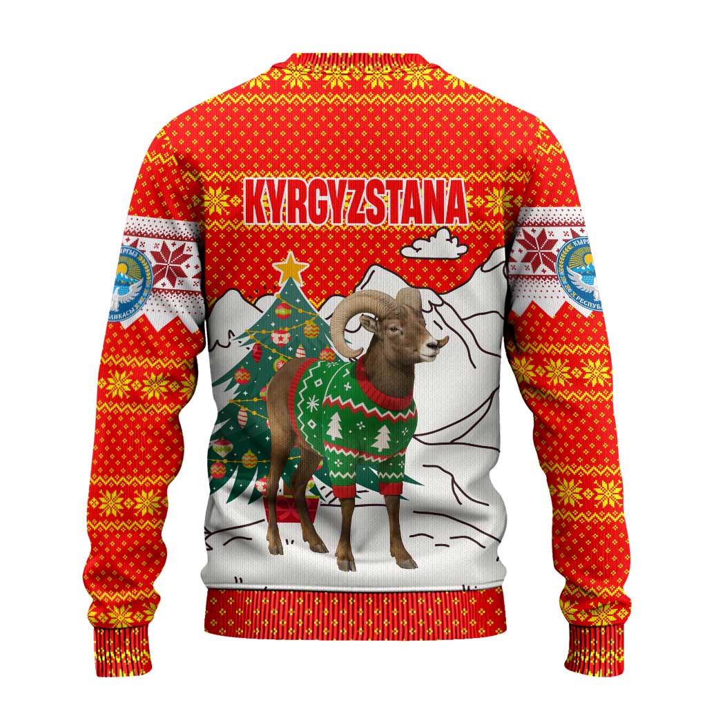 Kyrgyzstan Christmas Ugly Christmas Sweater with Mountain Goat in Festive Red Snowflake Pattern and Holiday Tree - Wonder Print Shop