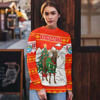 Kyrgyzstan Christmas Ugly Christmas Sweater with Mountain Goat in Festive Red Snowflake Pattern and Holiday Tree - Wonder Print Shop