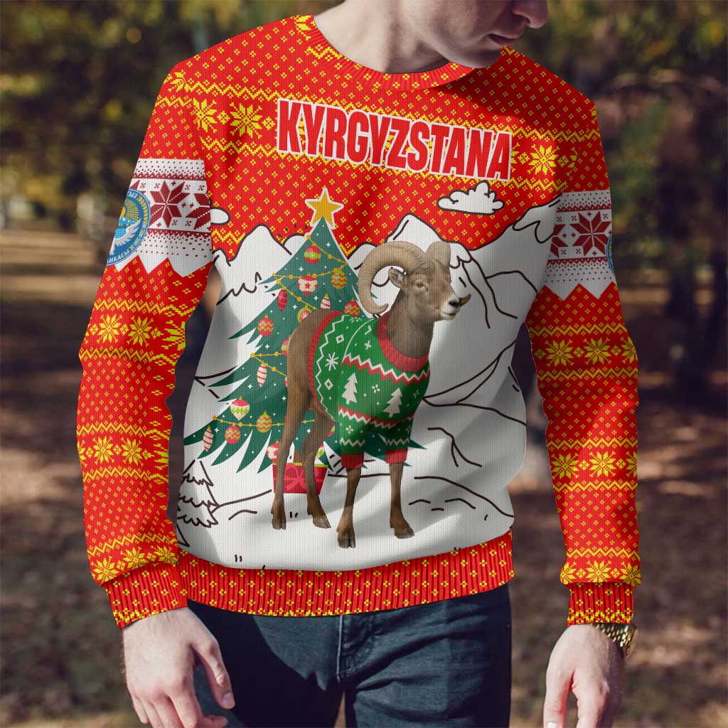 Kyrgyzstan Christmas Ugly Christmas Sweater with Mountain Goat in Festive Red Snowflake Pattern and Holiday Tree - Wonder Print Shop