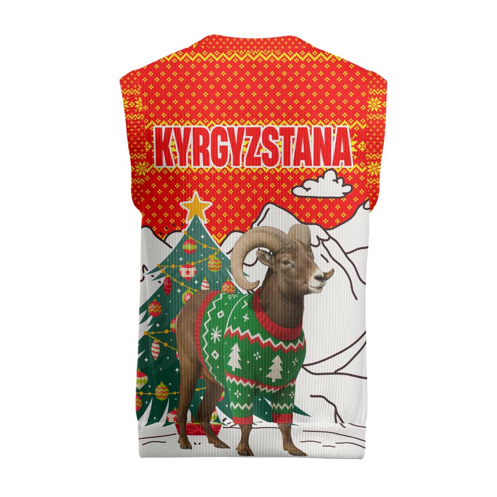 Kyrgyzstan Christmas Knitted V-Neck Vest with Mountain Goat in Festive Red Snowflake Pattern and Holiday Tree - Wonder Print Shop