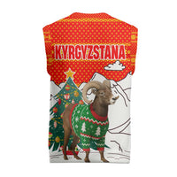 Kyrgyzstan Christmas Knitted V-Neck Vest with Mountain Goat in Festive Red Snowflake Pattern and Holiday Tree - Wonder Print Shop