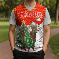 Kyrgyzstan Christmas Knitted V-Neck Vest with Mountain Goat in Festive Red Snowflake Pattern and Holiday Tree - Wonder Print Shop