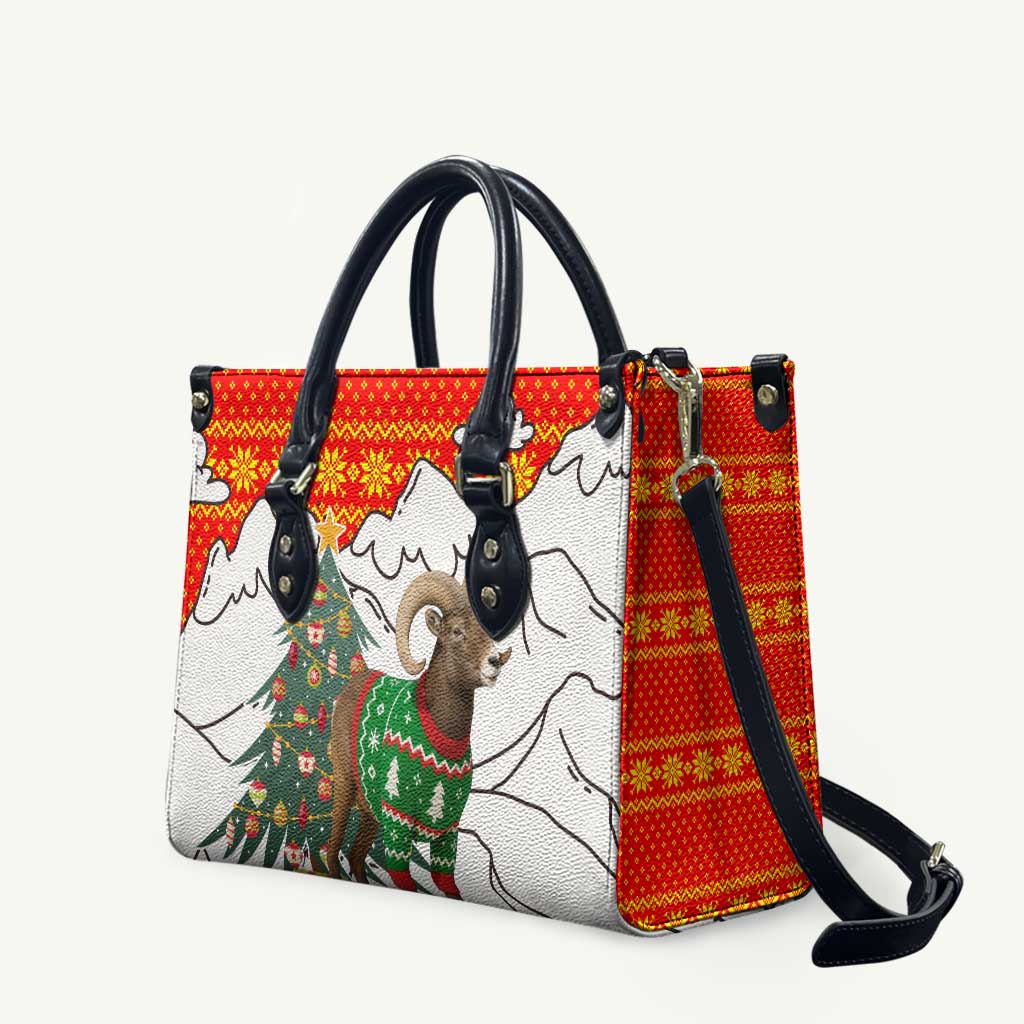 Kyrgyzstan Christmas Leather Bag with Mountain Goat in Festive Red Snowflake Pattern and Holiday Tree - Wonder Print Shop