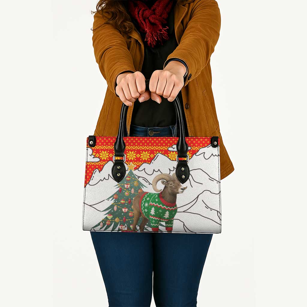 Kyrgyzstan Christmas Leather Bag with Mountain Goat in Festive Red Snowflake Pattern and Holiday Tree - Wonder Print Shop