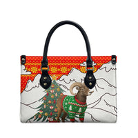 Kyrgyzstan Christmas Leather Bag with Mountain Goat in Festive Red Snowflake Pattern and Holiday Tree - Wonder Print Shop