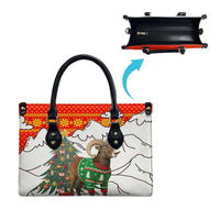 Kyrgyzstan Christmas Leather Bag with Mountain Goat in Festive Red Snowflake Pattern and Holiday Tree - Wonder Print Shop