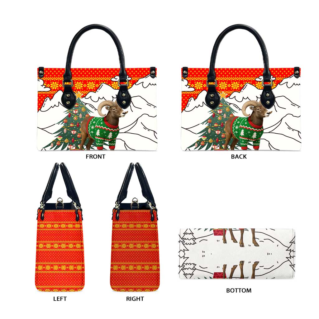 Kyrgyzstan Christmas Leather Bag with Mountain Goat in Festive Red Snowflake Pattern and Holiday Tree - Wonder Print Shop