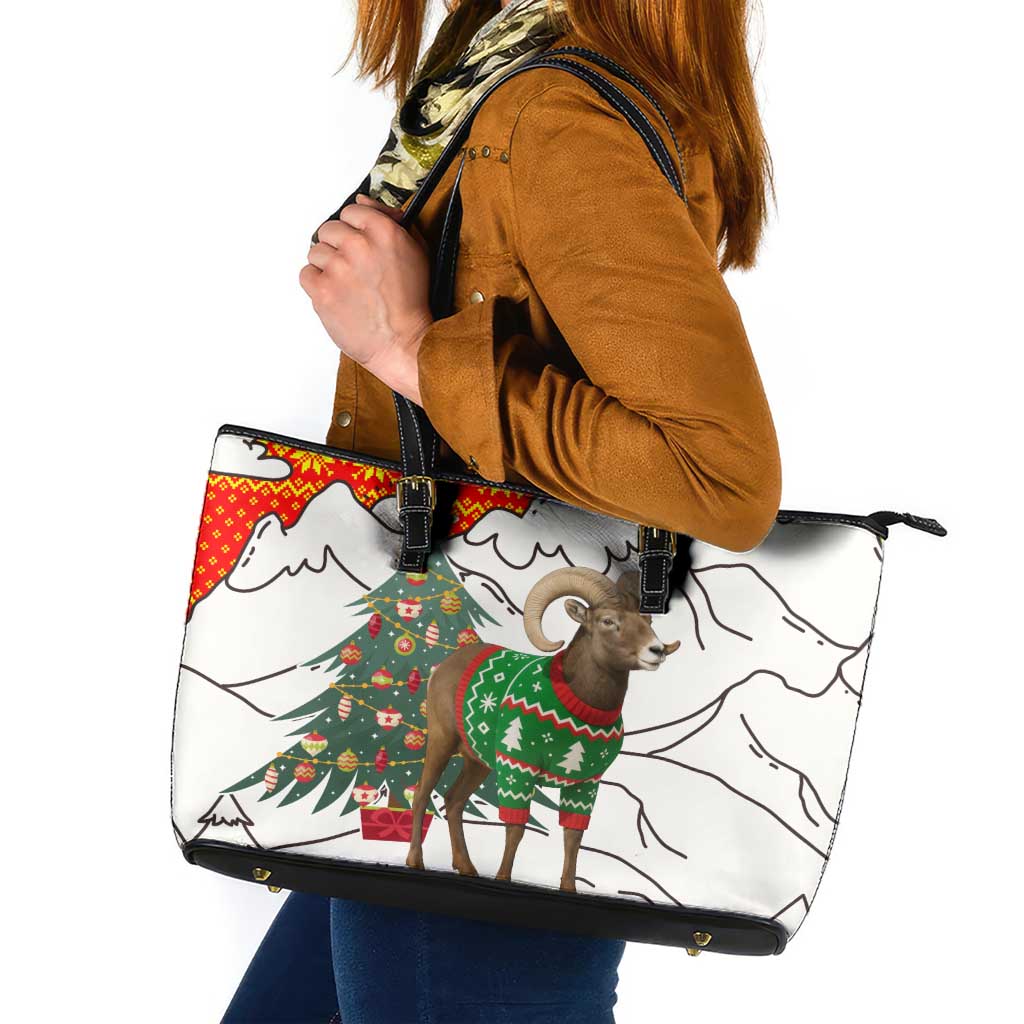 Kyrgyzstan Christmas Leather Tote Bag with Mountain Goat in Festive Red Snowflake Pattern and Holiday Tree - Wonder Print Shop