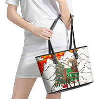 Kyrgyzstan Christmas Leather Tote Bag with Mountain Goat in Festive Red Snowflake Pattern and Holiday Tree - Wonder Print Shop