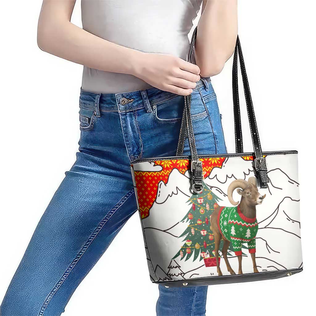 Kyrgyzstan Christmas Leather Tote Bag with Mountain Goat in Festive Red Snowflake Pattern and Holiday Tree - Wonder Print Shop