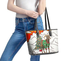 Kyrgyzstan Christmas Leather Tote Bag with Mountain Goat in Festive Red Snowflake Pattern and Holiday Tree - Wonder Print Shop