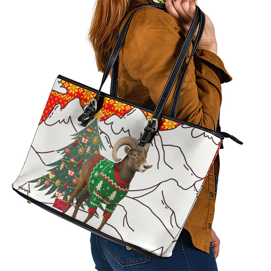 Kyrgyzstan Christmas Leather Tote Bag with Mountain Goat in Festive Red Snowflake Pattern and Holiday Tree - Wonder Print Shop