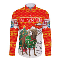 Kyrgyzstan Christmas Long Sleeve Button Shirt with Mountain Goat in Festive Red Snowflake Pattern and Holiday Tree - Wonder Print Shop