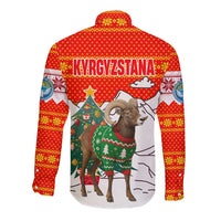Kyrgyzstan Christmas Long Sleeve Button Shirt with Mountain Goat in Festive Red Snowflake Pattern and Holiday Tree - Wonder Print Shop