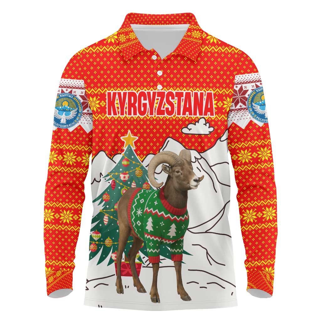 Kyrgyzstan Christmas Long Sleeve Polo Shirt with Mountain Goat in Festive Red Snowflake Pattern and Holiday Tree - Wonder Print Shop