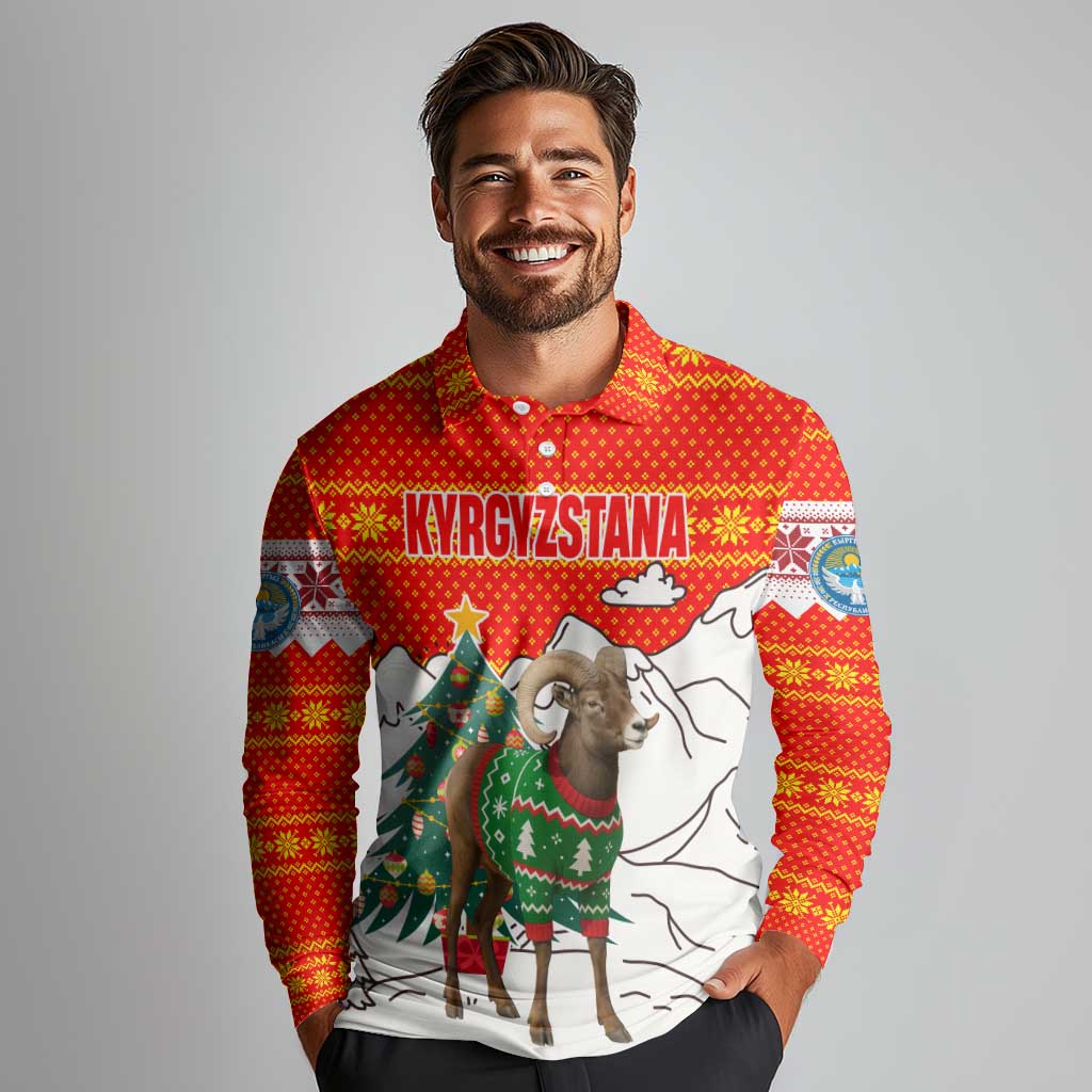 Kyrgyzstan Christmas Long Sleeve Polo Shirt with Mountain Goat in Festive Red Snowflake Pattern and Holiday Tree - Wonder Print Shop