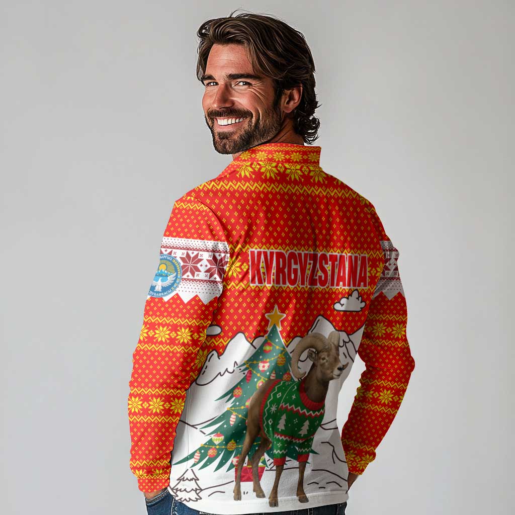 Kyrgyzstan Christmas Long Sleeve Polo Shirt with Mountain Goat in Festive Red Snowflake Pattern and Holiday Tree - Wonder Print Shop