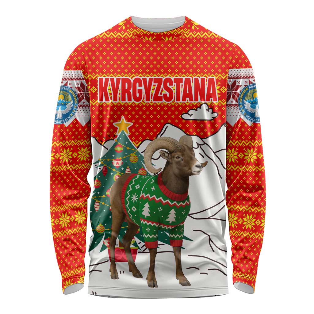 Kyrgyzstan Christmas Long Sleeve Shirt with Mountain Goat in Festive Red Snowflake Pattern and Holiday Tree - Wonder Print Shop