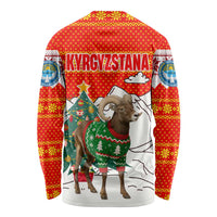 Kyrgyzstan Christmas Long Sleeve Shirt with Mountain Goat in Festive Red Snowflake Pattern and Holiday Tree - Wonder Print Shop