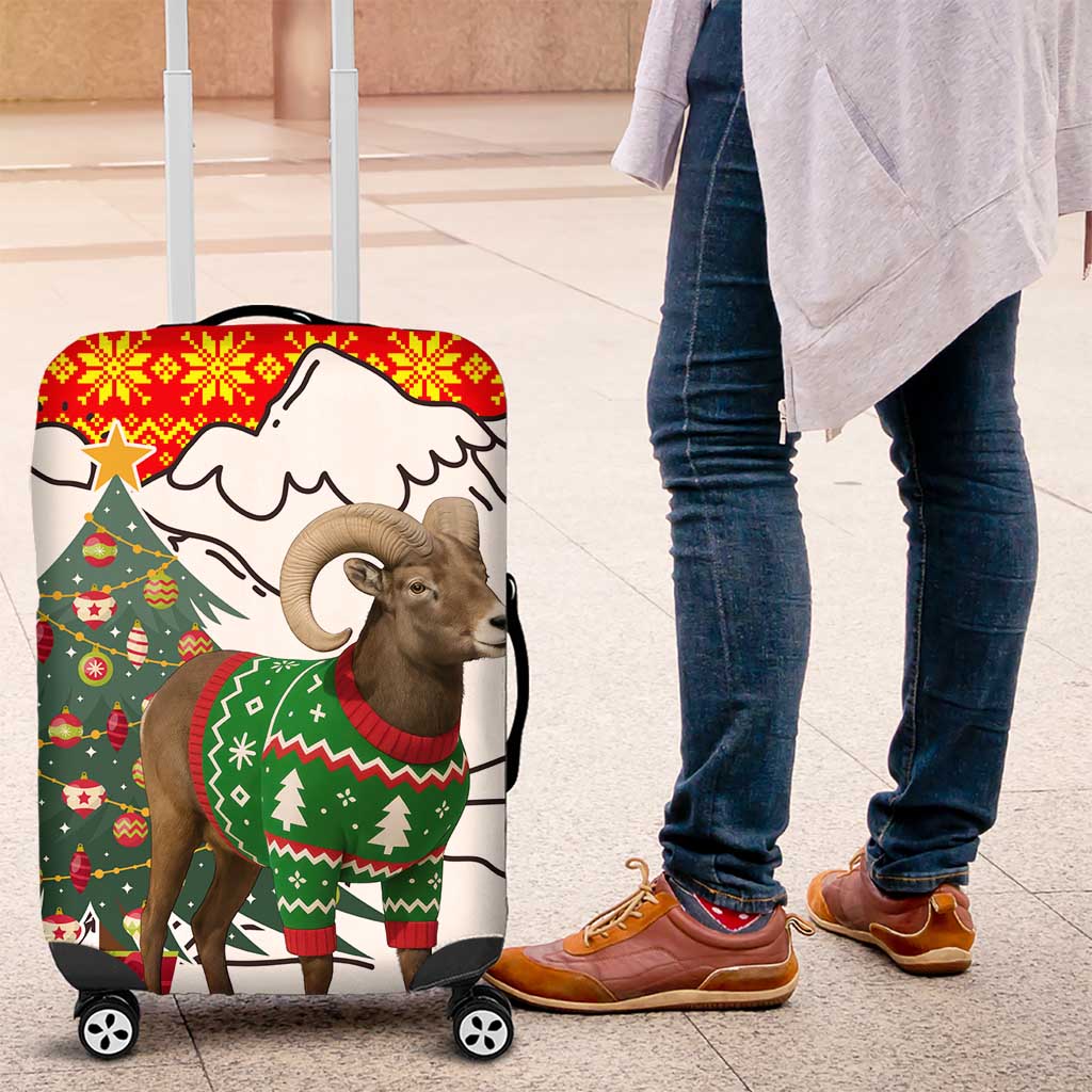 Kyrgyzstan Christmas Luggage Cover with Mountain Goat in Festive Red Snowflake Pattern and Holiday Tree - Wonder Print Shop