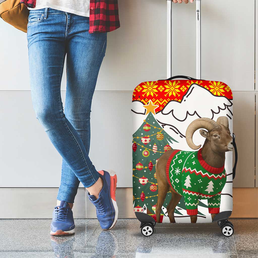 Kyrgyzstan Christmas Luggage Cover with Mountain Goat in Festive Red Snowflake Pattern and Holiday Tree - Wonder Print Shop