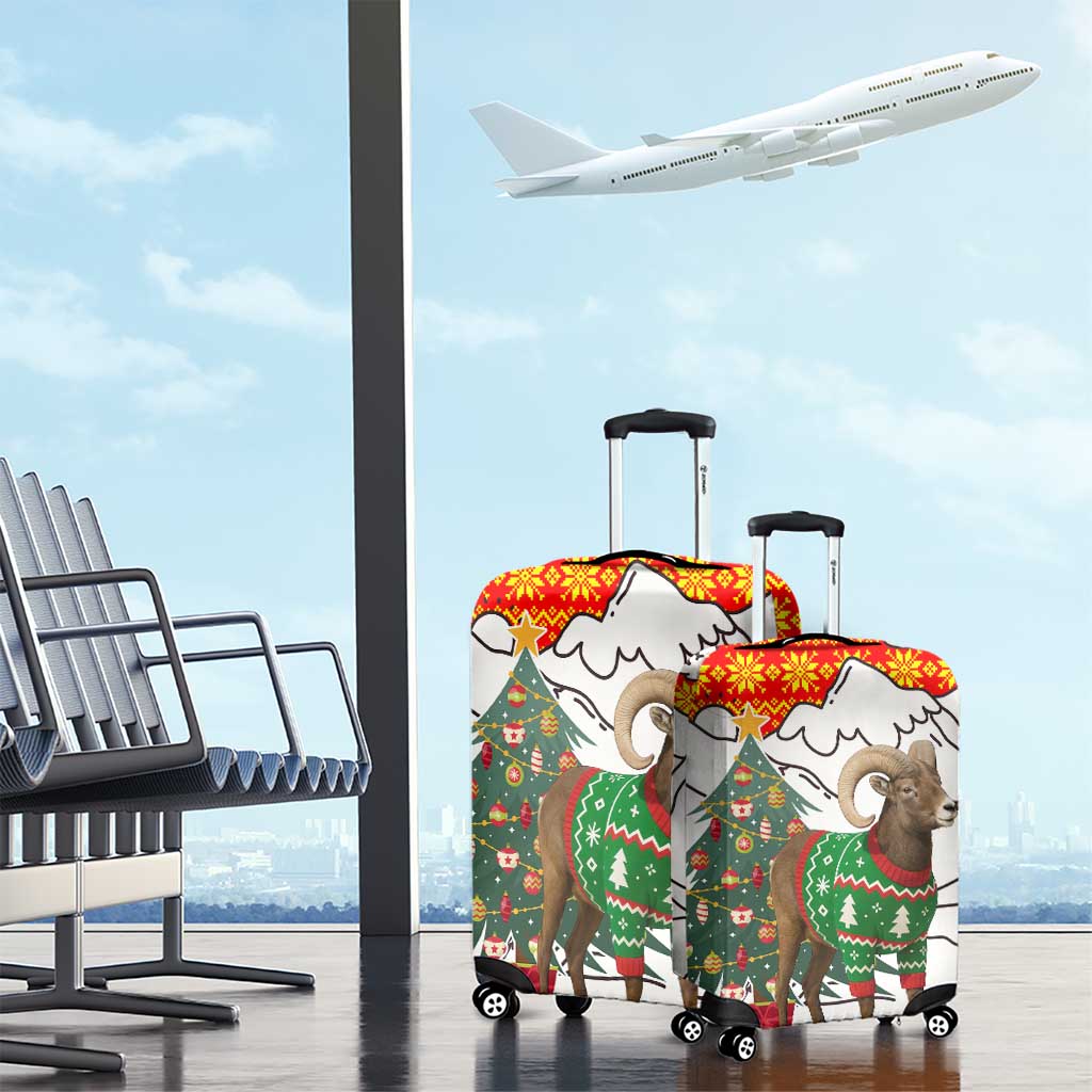 Kyrgyzstan Christmas Luggage Cover with Mountain Goat in Festive Red Snowflake Pattern and Holiday Tree - Wonder Print Shop