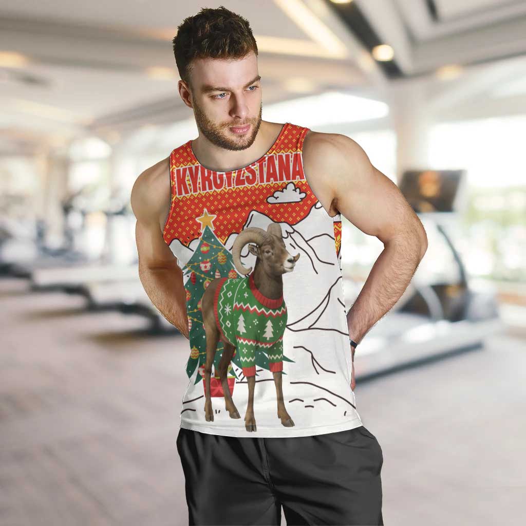 Kyrgyzstan Christmas Men Tank Top with Mountain Goat in Festive Red Snowflake Pattern and Holiday Tree - Wonder Print Shop