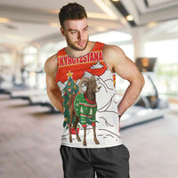 Kyrgyzstan Christmas Men Tank Top with Mountain Goat in Festive Red Snowflake Pattern and Holiday Tree - Wonder Print Shop