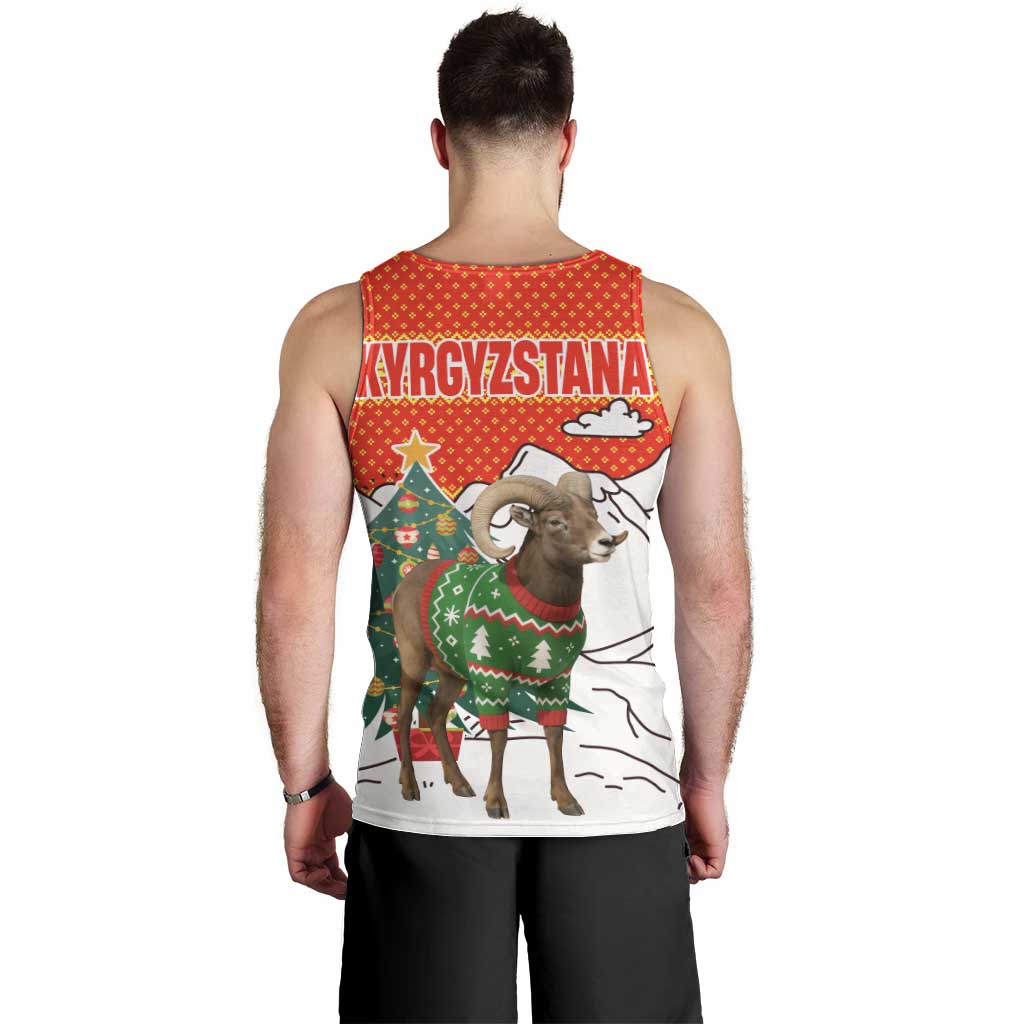Kyrgyzstan Christmas Men Tank Top with Mountain Goat in Festive Red Snowflake Pattern and Holiday Tree - Wonder Print Shop