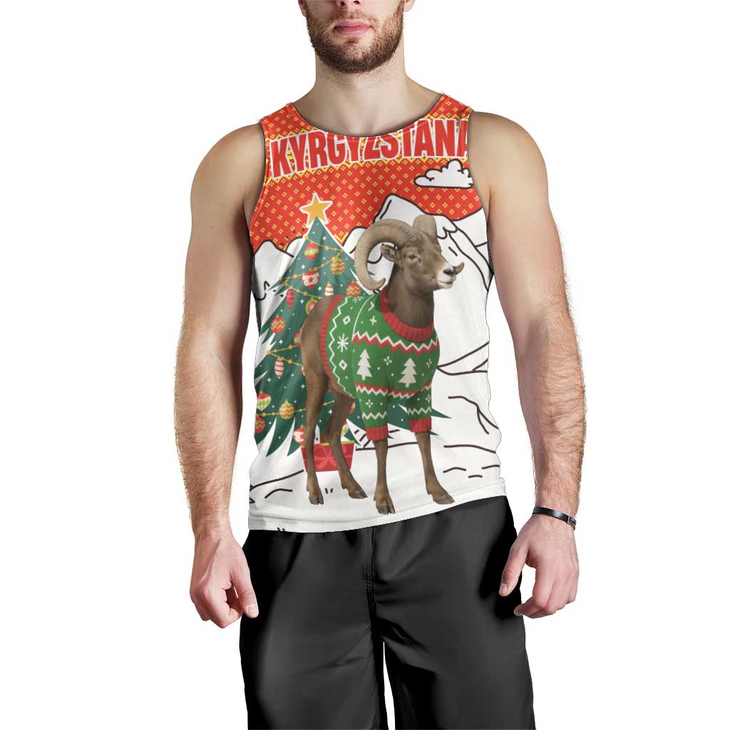 Kyrgyzstan Christmas Men Tank Top with Mountain Goat in Festive Red Snowflake Pattern and Holiday Tree - Wonder Print Shop