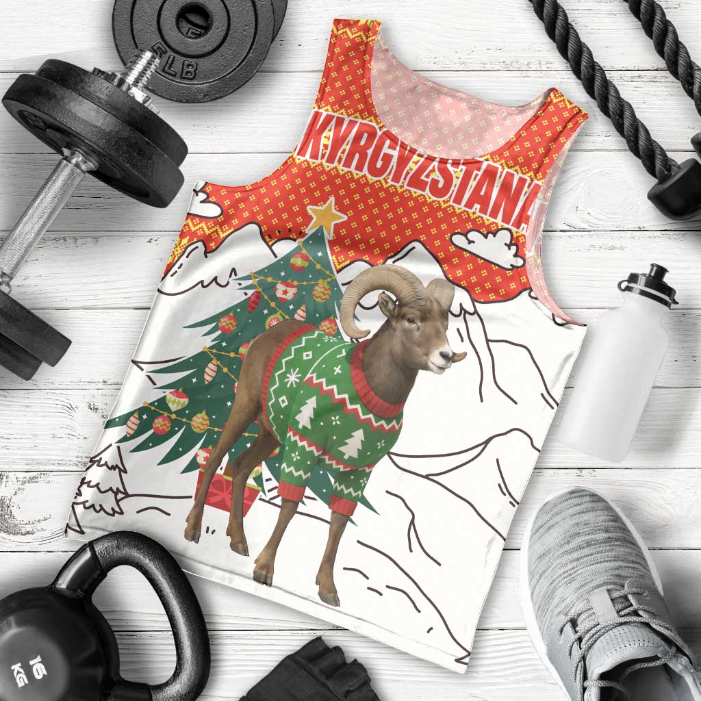 Kyrgyzstan Christmas Men Tank Top with Mountain Goat in Festive Red Snowflake Pattern and Holiday Tree - Wonder Print Shop