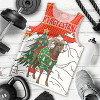 Kyrgyzstan Christmas Men Tank Top with Mountain Goat in Festive Red Snowflake Pattern and Holiday Tree - Wonder Print Shop