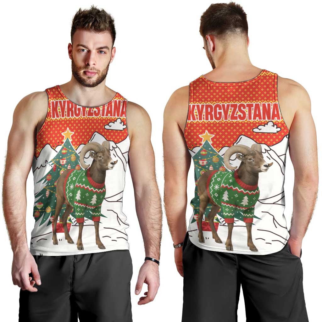 Kyrgyzstan Christmas Men Tank Top with Mountain Goat in Festive Red Snowflake Pattern and Holiday Tree - Wonder Print Shop