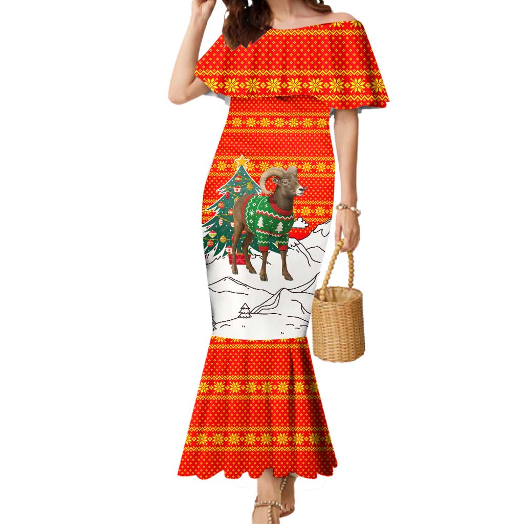 Kyrgyzstan Christmas Mermaid Dress with Mountain Goat in Festive Red Snowflake Pattern and Holiday Tree - Wonder Print Shop
