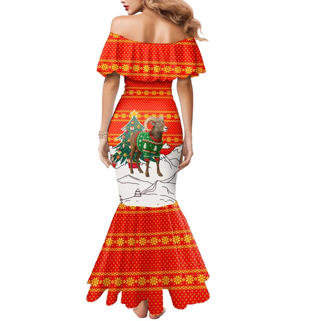 Kyrgyzstan Christmas Mermaid Dress with Mountain Goat in Festive Red Snowflake Pattern and Holiday Tree - Wonder Print Shop