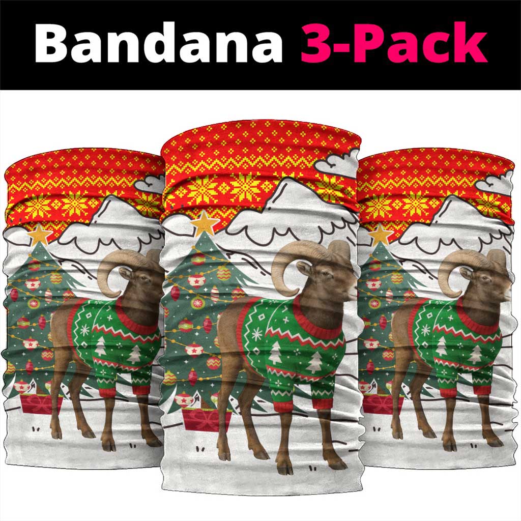 Kyrgyzstan Christmas Neck Gaiter with Mountain Goat in Festive Red Snowflake Pattern and Holiday Tree - Wonder Print Shop