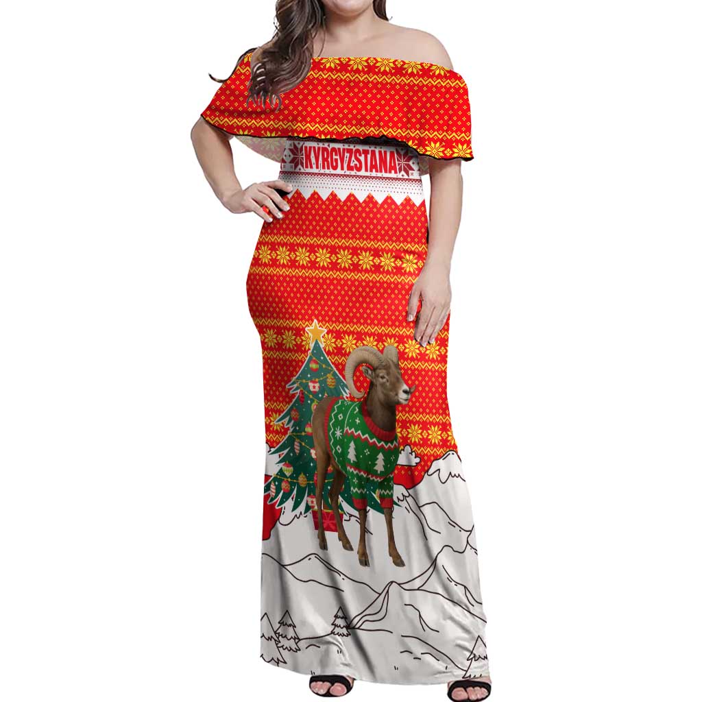 Kyrgyzstan Christmas Off Shoulder Maxi Dress with Mountain Goat in Festive Red Snowflake Pattern and Holiday Tree - Wonder Print Shop