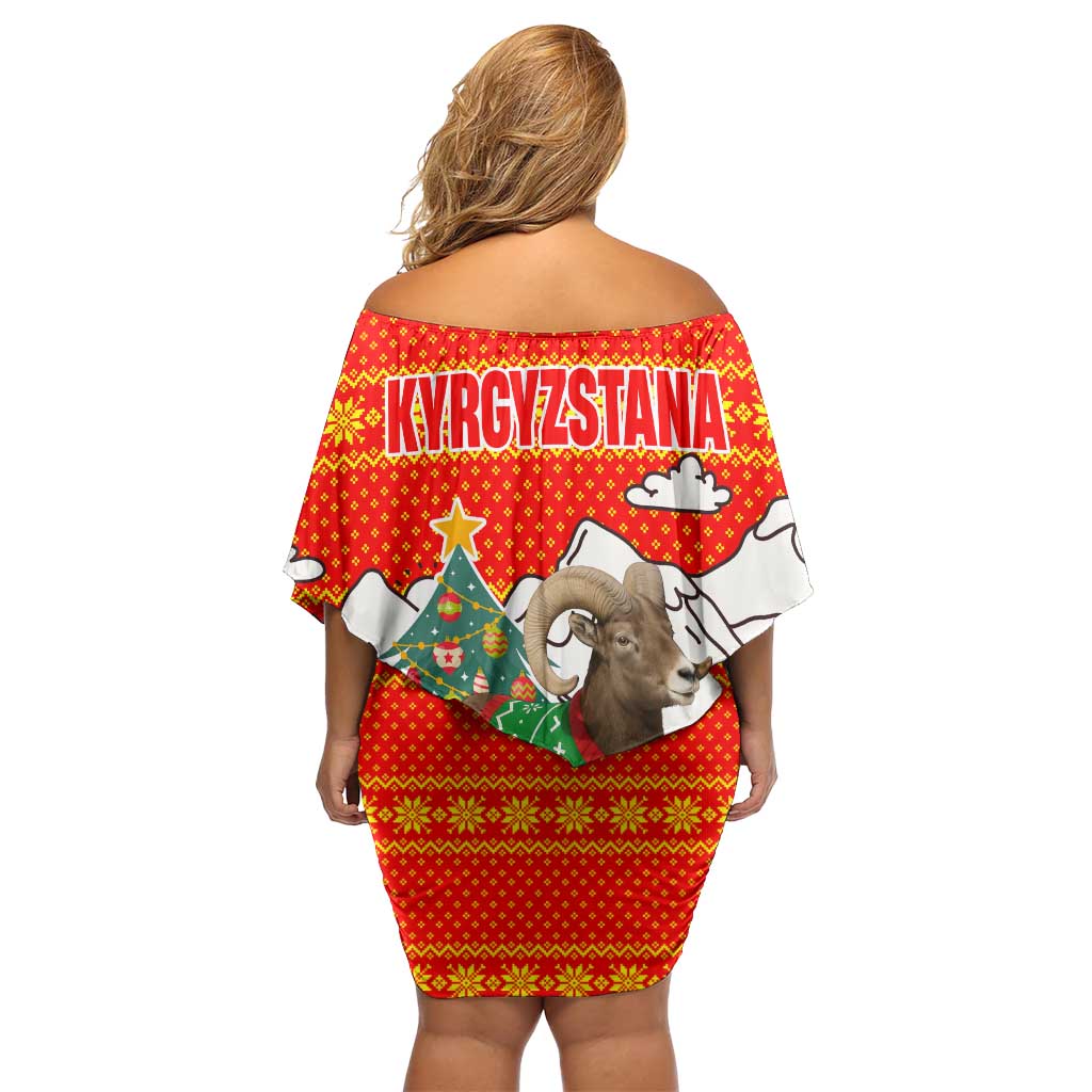 Kyrgyzstan Christmas Off Shoulder Short Dress with Mountain Goat in Festive Red Snowflake Pattern and Holiday Tree - Wonder Print Shop