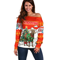 Kyrgyzstan Christmas Off Shoulder Sweater with Mountain Goat in Festive Red Snowflake Pattern and Holiday Tree - Wonder Print Shop