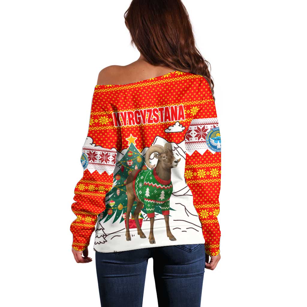 Kyrgyzstan Christmas Off Shoulder Sweater with Mountain Goat in Festive Red Snowflake Pattern and Holiday Tree - Wonder Print Shop
