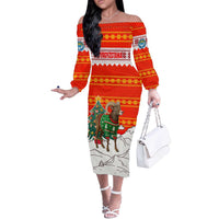 Kyrgyzstan Christmas Off The Shoulder Long Sleeve Dress with Mountain Goat in Festive Red Snowflake Pattern and Holiday Tree - Wonder Print Shop